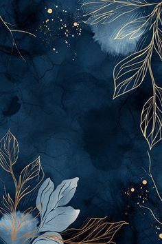 a blue background with gold leaves and dots