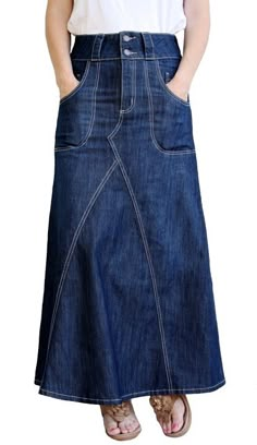 Jean Diy, Patchwork Denim Skirt, Denim Skirt Fashion, A Line Denim Skirt, Long Jean Skirt, Denim Skirt Outfits, Denim Maxi Dress, Denim Wear, Denim Skirt Women