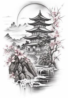 For dynamic visual compositions, consider our temple artwork. Artistic abundance for less. Join us monthly. Chinese Temple Tattoo Design, Plum Blossom Tattoo Black And White, Popular Tattoos For Women, Temple Tattoo Design, Pagoda Tattoo, Japanese Temple Tattoo