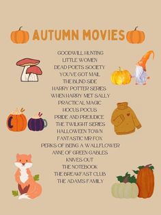 an autumn movie list with pumpkins, mushrooms and other things to do in the fall