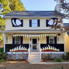 Halloween haunted house teeth exterior decorations decor eyes monster holiday House With Teeth Halloween, Diy Monster House, Halloween Home Decorations, Monster Mouth, Diy Monsters, Monster Eyes, Monster House