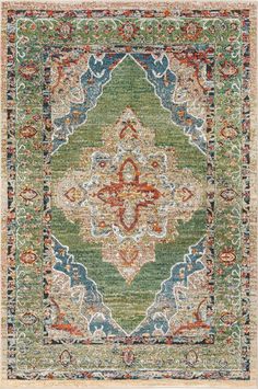 an area rug with green, orange and blue colors on the bottom half of it