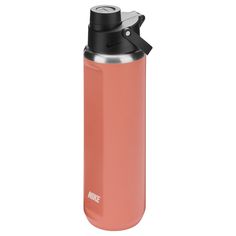 a pink water bottle with a black lid