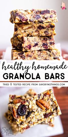 granola bars stacked on top of each other with the title text overlay reading cranberry pecan granola bars