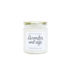 a jar of lavender and sage candle on a white background with the words lavender and sage written