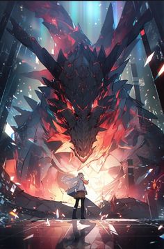 a person standing in front of a giant dragon