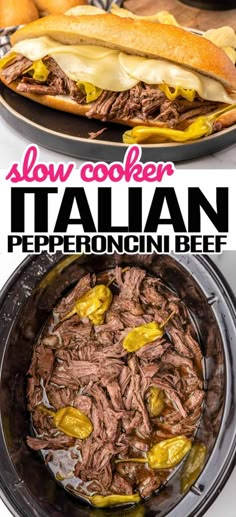 slow cooker italian pepperoni beef is shown in this image with the title above it