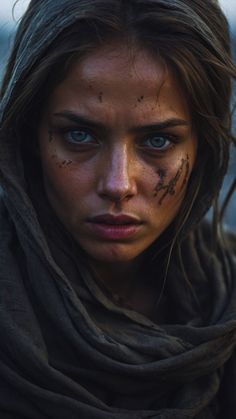 a close up of a person with blue eyes wearing a scarf around her neck and looking at the camera