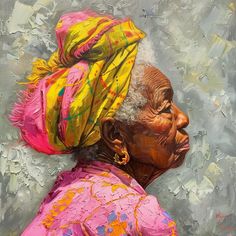 a painting of an old woman wearing a yellow headdress and pink scarf on her head