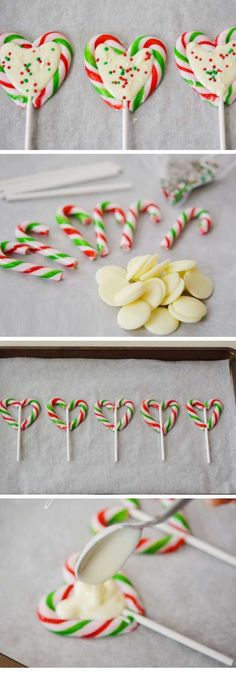 candy canes and lollipops are being made into heart shaped candies