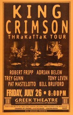 an old concert poster for king crimson at the greek theatre in new york, ny