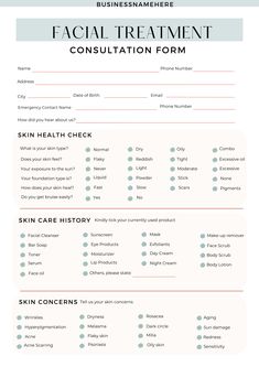 EDITABLE Facial Consultation Form, Client Intake Form,Client Consent Form, Esthetician Form, Editable Spa Forms,Esthetician Form Template EDITABLE facial consultation form template is for you to customize for your clients in your business. The text has been written for you. It is also easily edited in CANVA free version so that you can customize to your own business. It is completely customizable and available in 2 sizes: 1) A4 DOCUMENT 2) US LETTER Use our template for your business today! Esthetician Client Consent Form, Esthetician About Me, Facial Client Intake Form, Skin Care Consultation, Facial Client Consultation Form, Esthetician Consultation Questions, Consultation Forms Beauty, Waxing Consultation Forms, Skin Consultation Form