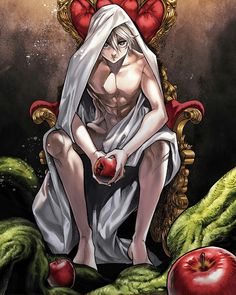 an image of a woman sitting on a throne with apples in front of her face