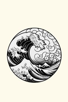 an ink drawing of the great wave in black and white