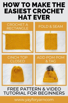 Sweater Knitting Patterns Beginner Knitting, Poncho Crochet, Easy Crochet Hat, Crochet Patterns Free Beginner, Hat Tutorial, Crochet Hat Free, Crochet Beanie Pattern, Crochet Hats Free Pattern, Beginner Crochet Projects