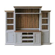 a white entertainment center with wooden shelves and cupboards on each side, in front of a white background