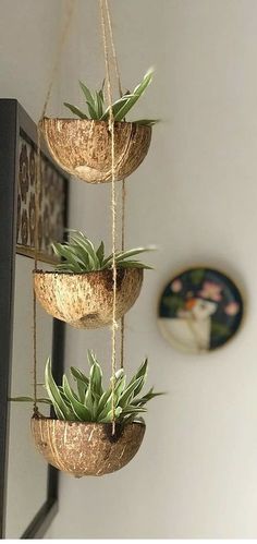 three hanging planters with plants in them