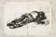 a drawing of a person laying on top of a piece of paper with writing underneath it