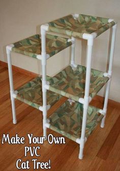 three tiered shelfs made out of white pipes with green camo print on them