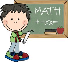 a boy standing in front of a chalkboard with the word math written on it