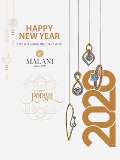 the happy new year greeting card with two rings hanging from strings and an inscription that reads,