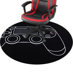 a gaming chair sitting on top of a round rug with a video game controller in the middle