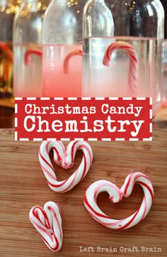 some candy canes are sitting on a cutting board with the words christmas candy chemistry