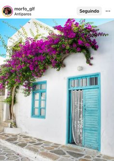 a white house with blue shutters and purple flowers