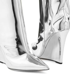 These Metallic Leather Wedge Heel Knee High Boots are crafted with fine metallic leather, providing a stylish look with reliable comfort. The wedge heel elevates this timeless design, creating a polished look you'll love for years. Add a touch of class to any outfit and experience the ultimate in knee-high boots. Rubber sole The heel height approximately 3.14".wedge heel can relieve the discomfort caused by high heel,suitable for most feet. :Metallic knee-high boots look sexier, while pointed-toe thigh-high boots elongate the curves of the legs.their metallic shine adds a bold touch to any outfit, while the knee-high design accentuates the legs and offers a flattering silhouette. Sexy long boots use patent leather upper, soft lining and rubber sole. Heel Knee High Boots, Silver Wedges, Silver Fits, High Design, Wedge Ankle Boots, Boot Accessories, Long Boots, Mini Dresses Summer, Leather Wedges