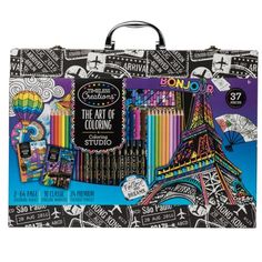 the art of coloring travel kit with its contents in it's case, including markers and pencils