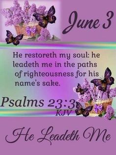 purple flowers and butterflies in a basket with the words, june 3 he restores my soul