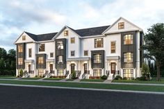 this is an artist's rendering of two story townhouses in the evening light