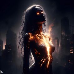 a woman with fire on her body in front of a cityscape at night