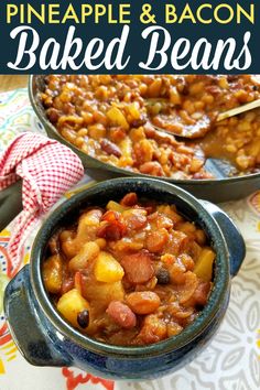 pineapple and bacon baked beans in a blue bowl on a table with spoons