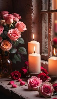 three lit candles with pink roses in front of a window