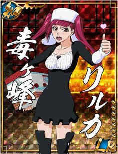 an anime character with pink hair and black dress holding up her hand in front of the camera