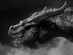 a black and white photo of a dragon with its mouth open in the air, surrounded by clouds