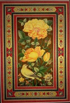 a painting with yellow flowers and green leaves on brown ground next to a red border