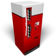 a red and white vending machine on a white background