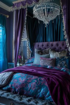 a purple and blue bedroom with a canopy bed