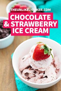 chocolate and strawberry ice cream in a white bowl on top of a blue napkin with strawberries