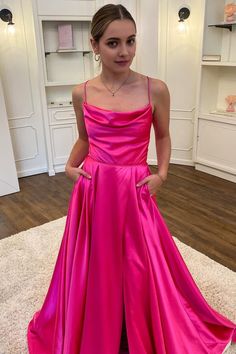 A Line Spaghetti Straps Hot Pink Long Prom Dress with Split Front Senior Prom Dress, Prom Dress 2023, Grad Dress Ideas, Prom Dresses 2022, Prom Dresses Long Pink, Prom Dresses Cheap, Cool Dresses, 2023 Prom, Prom Dress Inspo