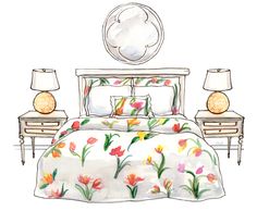 a watercolor drawing of a bed with two nightstands and a mirror above it