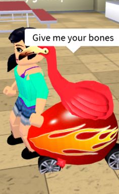 a cartoon character is pushing a fake flamingo on a skateboard with the caption give me your bones