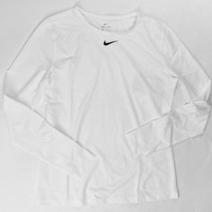 Nike Pro Long Sleeve Mesh Training Top Shirt Women's Medium White Cj5954-100 Nwt T8 Classic Crew Neck Sports Top, Nike Classic Fitted Tops, Basic White Nike Top, White Sports Shirt For Spring, Classic Fitted Nike Tops, Spring Sports White Shirt, Classic White Sports Top, White Long Sleeve Sports Tops, Classic White Nike Tops