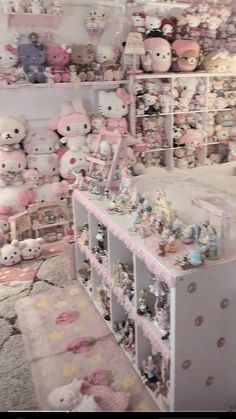 a room filled with lots of stuffed animals next to shelves full of teddy bear toys