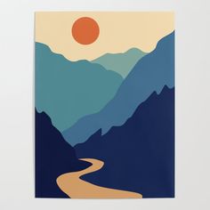 a poster with mountains and a river in the foreground is featured against a white wall