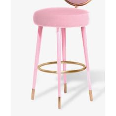 a pink stool with a mirror on the back and gold trimmings, in front of a white background