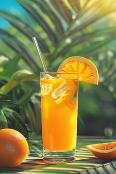 an orange juice in a glass on a table