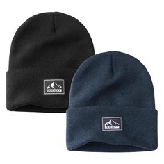 two beanies are shown side by side, one is black and the other is blue